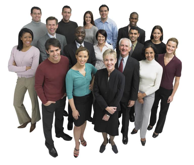 A diverse group of professionals standing together, highlighting the importance of building a professional image, as emphasized in social media for job seekers.