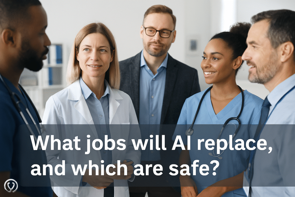 A diverse group of healthcare professionals, including doctors and nurses, standing together in discussion. A shaded banner at the bottom reads: “What jobs will AI replace, and which are safe?” highlighting the balance between human expertise and technology in healthcare. AI u=in healthcare staffing