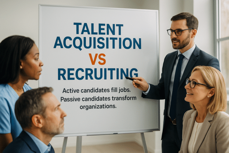 Healthcare professionals discussing Talent Acquisition vs Recruiting strategies, highlighting the value of active and passive candidates.