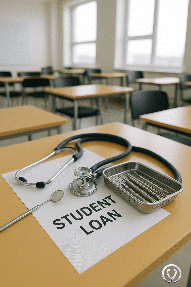 Classroom desk with dental instruments, a stethoscope, and a ‘Student Loan’ folder, representing how the new degree rules healthcare students and the future clinical workforce — with The AGA Group logo in the corner.