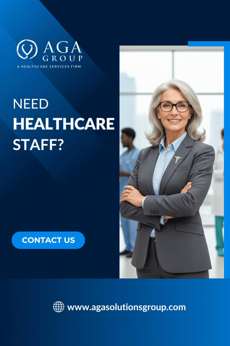 Healthcare staffing manager representing The AGA Group™ Just-in-Time Hiring Model for flexible workforce solutions.