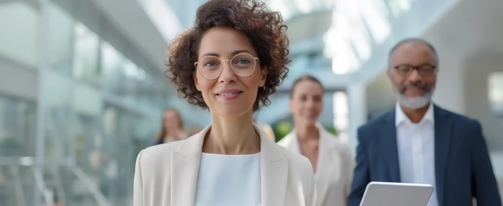 Confident healthcare executive leading a diverse leadership team while planning her next career move