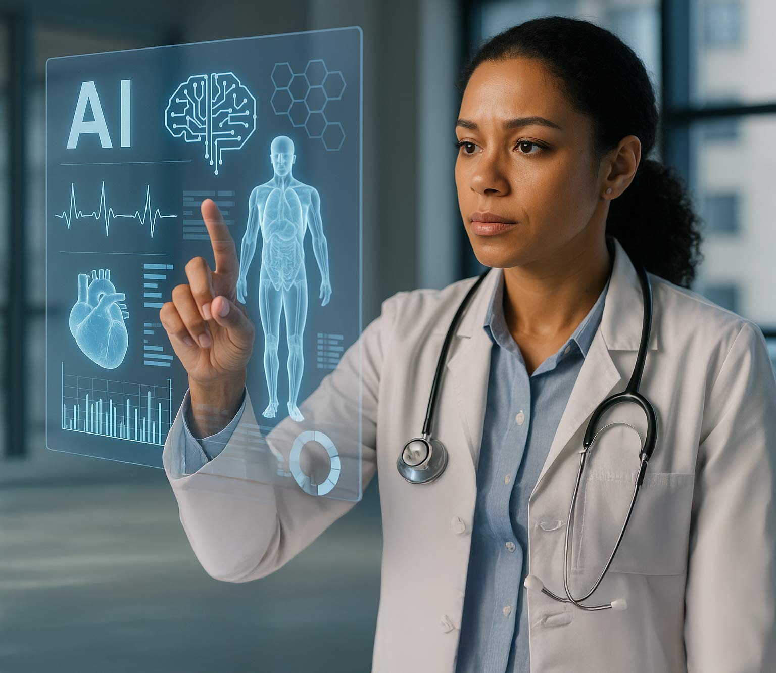 AI in healthcare careers showing a clinician interacting with digital medical data and patient diagnostics
