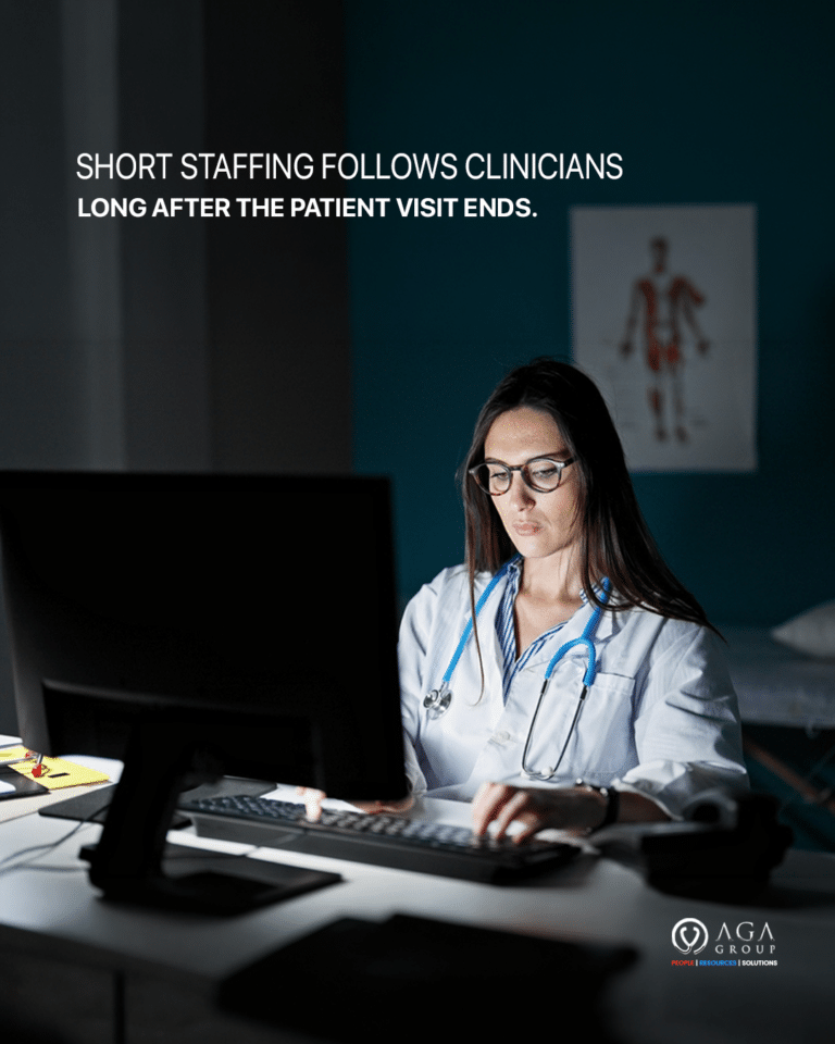 Clinician working late due to healthcare staffing gaps and documentation burden