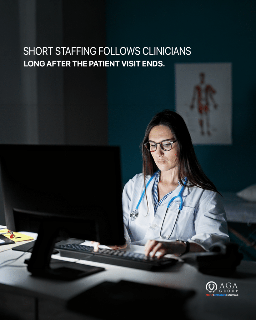 Clinician working late due to healthcare staffing gaps and documentation burden
