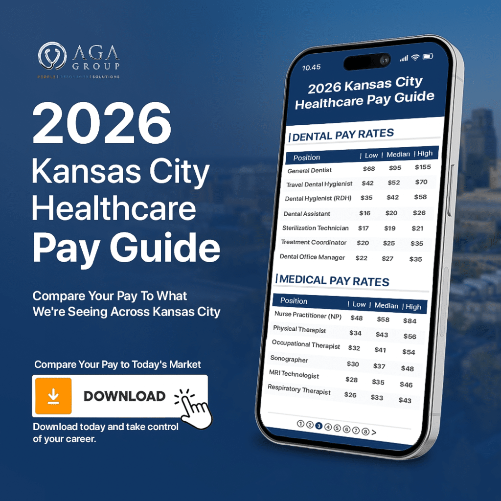 2026 Kansas City Healthcare Pay Guide showing local pay ranges for dental, nursing, allied health, and medical professionals across the Kansas City market.