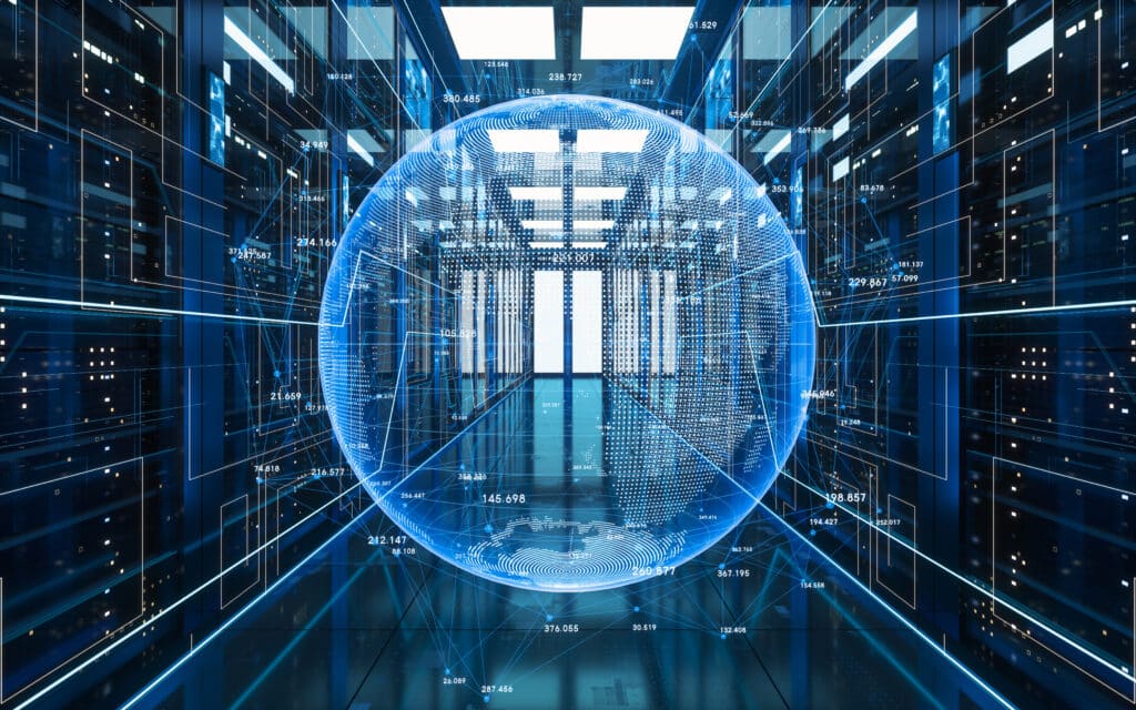Digital globe in a server room representing healthcare technology investments supported by skilled staff
