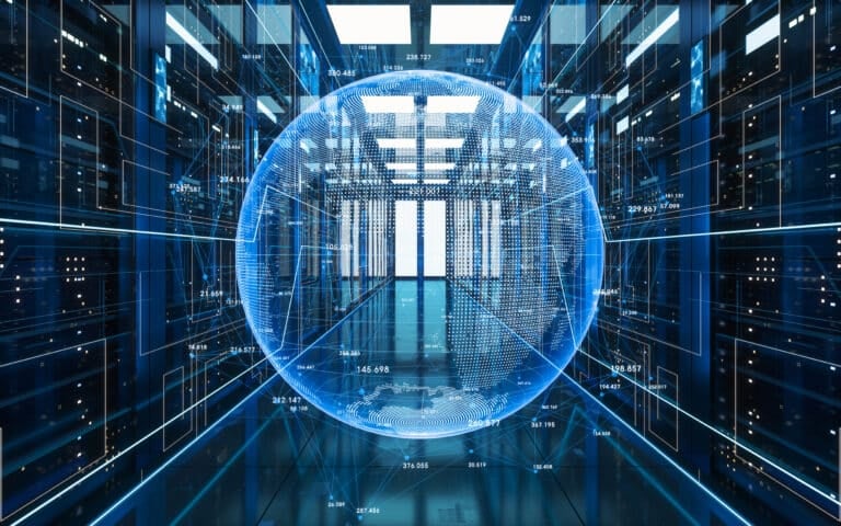 Digital globe in a server room representing healthcare technology investments supported by skilled staff