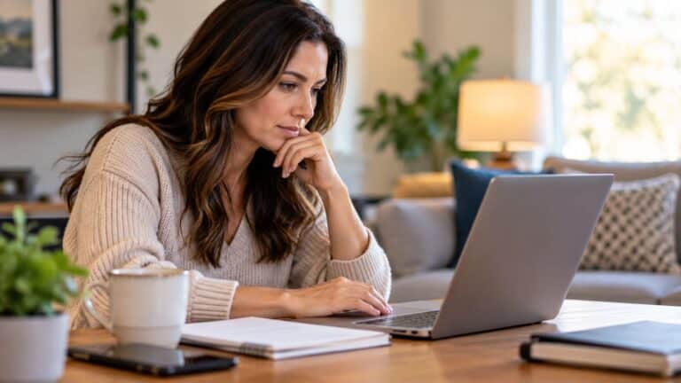 Job seeker at home reviewing a one page or two page resume on her laptop