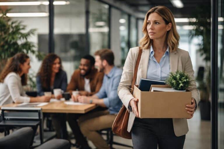 Unused PTO when leaving a job as a professional leaves her workplace carrying personal belongings.