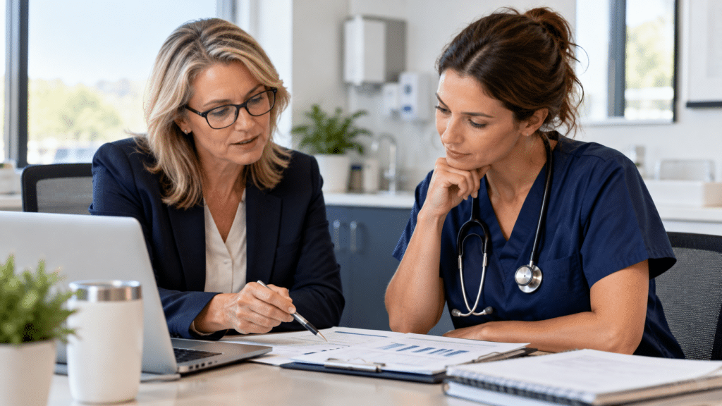 Healthcare staffing needs assessment discussion between a practice administrator and clinical professional reviewing hiring priorities